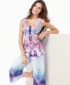 One World's signature colorful prints really pop on this scoop neck top and cropped pajama pants set.