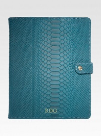 Designed to fold horizontally or vertically to hold your device at the ideal angle for viewing video or typing. This case holds your iPad securely with four leather wrapped corner straps and a snap closure.Accommodates all iPad models8 X 10Embossed pythonMade in USAPlease note: iPad not includedFOR PERSONALIZATIONSelect a color and quantity, then scroll down and click on PERSONALIZE & ADD TO BAG to choose and preview your monogramming options. Designed to fold horizontally or vertically to hold your device at the ideal angle for viewing video or typing. This case holds your iPad securely with four leather wrapped corner straps and a snap closure.Accommodates all iPad models8 X 10Embossed pythonMade in USAPlease note: iPad not includedFOR PERSONALIZATIONSelect a color and quantity, then scroll down and click on PERSONALIZE & ADD TO BAG to choose and preview your monogramming options.