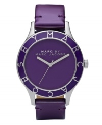 Rule your castle in style with this regally purple Blade watch from Marc by Marc Jacobs. Purple patent leather strap and round stainless steel case. Purple bezel features silvertone script logo. Purple dial with logo and silvertone hands. Quartz movement. Water resistant to 30 meters. Two-year limited warranty. Rule your castle in style with this regally purple Blade watch from Marc by Marc Jacobs. Purple patent leather strap and round stainless steel case. Purple bezel features silvertone script logo. Purple dial with logo and silvertone hands. Quartz movement. Water resistant to 30 meters. Two-year limited warranty.