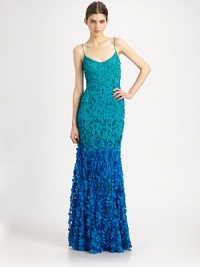 Scores of fluttery, laser-cut petal appliqués decorate this floor-length ombre stunner.Sweetheart necklineSpaghetti strapsAllover laser-cut petal appliquésConcealed back zipFully linedAbout 45 from natural waistNylonDry cleanImportedModel shown is 5'9½ (176cm)wearing US size 4. Scores of fluttery, laser-cut petal appliqués decorate this floor-length ombre stunner.Sweetheart necklineSpaghetti strapsAllover laser-cut petal appliquésConcealed back zipFully linedAbout 45 from natural waistNylonDry cleanImportedModel shown is 5'9½ (176cm)wearing US size 4.