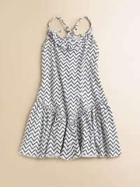 Crafted with a trendy zig-zag print, this lightweight cotton frock in a drop-waist silhouette with ruffled hem is all the rage.Ruffled round necklineSpaghetti strapsTie-backBack elasticDrop-waistRuffled, flared hemCottonMachine washImported Crafted with a trendy zig-zag print, this lightweight cotton frock in a drop-waist silhouette with ruffled hem is all the rage.Ruffled round necklineSpaghetti strapsTie-backBack elasticDrop-waistRuffled, flared hemCottonMachine washImported
