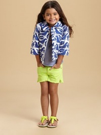 She'll want to take flight with the fancy birds that adorn this plush cotton topper with round collar for added style.Round collarThree-quarter length sleevesFull front zipCropped hemCottonDry cleanImported She'll want to take flight with the fancy birds that adorn this plush cotton topper with round collar for added style.Round collarThree-quarter length sleevesFull front zipCropped hemCottonDry cleanImported