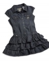 GUESS Kids Girls Little Girl Denim Flounce Dress, DARK STONE WASH (6)