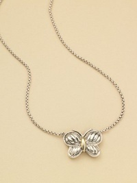 From The Cable Kids Collection. A graceful cable-textured butterfly of sterling silver is accented with touches of 18k yellow gold and hangs from a silver box chain. Sterling silver and 18k yellow gold Chain length, about 14 Pendant width, about ½ Lobster clasp From The Cable Kids Collection. A graceful cable-textured butterfly of sterling silver is accented with touches of 18k yellow gold and hangs from a silver box chain. Sterling silver and 18k yellow gold Chain length, about 14 Pendant width, about ½ Lobster clasp