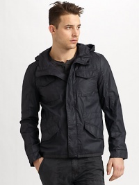This casual-cool hooded jacket with flap-front pockets will help you prepare for rain or shine. Attached hoodZip front closureButton placketChest and waist flap pocketsAbout 29 from shoulder to hemCoated canvas cottonCotton liningMachine washImported This casual-cool hooded jacket with flap-front pockets will help you prepare for rain or shine. Attached hoodZip front closureButton placketChest and waist flap pocketsAbout 29 from shoulder to hemCoated canvas cottonCotton liningMachine washImported