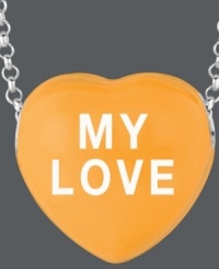 Everyone's favorite sentimental sweet. Sweethearts' adorable heart-shaped pendant expresses more that just great style with the words MY LOVE written across a bright orange enamel surface. Pendant crafted in sterling silver. Copyright © 2011 New England Confectionery Company. Approximate length: 16 inches + 2-inch extender. Approximate drop: 5/8 inch. Everyone's favorite sentimental sweet. Sweethearts' adorable heart-shaped pendant expresses more that just great style with the words MY LOVE written across a bright orange enamel surface. Pendant crafted in sterling silver. Copyright © 2011 New England Confectionery Company. Approximate length: 16 inches + 2-inch extender. Approximate drop: 5/8 inch.