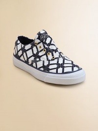 These laceless cotton canvas slip-ons are adorned with chain links and grommets to compliment any snazzy ensemble.Laceless with side goresCanvas upperRubber solePadded insoleImported Please note: Number of grommets may vary depending on size ordered. These laceless cotton canvas slip-ons are adorned with chain links and grommets to compliment any snazzy ensemble.Laceless with side goresCanvas upperRubber solePadded insoleImported Please note: Number of grommets may vary depending on size ordered.
