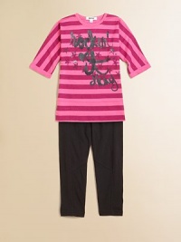 Rock out with this adorable two-piece set featuring bold stripes and whimsical printing atop complimentary leggings for a stylish ensemble. Tunic CrewneckCuffed three-quarter sleevesPullover style Leggings Front buttonZip flyTunic: 60% cotton/40% rayonLeggings: 95% cotton/5% spandexMachine washImported Please note: Number of buttons may vary depending on size ordered. Rock out with this adorable two-piece set featuring bold stripes and whimsical printing atop complimentary leggings for a stylish ensemble. Tunic CrewneckCuffed three-quarter sleevesPullover style Leggings Front buttonZip flyTunic: 60% cotton/40% rayonLeggings: 95% cotton/5% spandexMachine washImported Please note: Number of buttons may vary depending on size ordered.