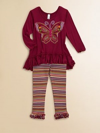 This 60-inspired set combines a purl edge-trimmed tunic with puffy butterfly print and striped leggings for an adorable, retro look. Tunic ScoopneckLong sleeves with purl edge cuffsPullover stylePurl edge hem Leggings Elastic waistbandPurl edge hemCottonMachine washImported Please note: number of buttons may vary depending on size ordered. This 60-inspired set combines a purl edge-trimmed tunic with puffy butterfly print and striped leggings for an adorable, retro look. Tunic ScoopneckLong sleeves with purl edge cuffsPullover stylePurl edge hem Leggings Elastic waistbandPurl edge hemCottonMachine washImported Please note: number of buttons may vary depending on size ordered.