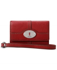 Hold the phone. This practical little portable from Fossil is ideal for stashing phone, cash, cards and ID. Crafted of luxe leather with signature detailing, the convenient wristlet strap lets you carry it all off with ease. Hold the phone. This practical little portable from Fossil is ideal for stashing phone, cash, cards and ID. Crafted of luxe leather with signature detailing, the convenient wristlet strap lets you carry it all off with ease.