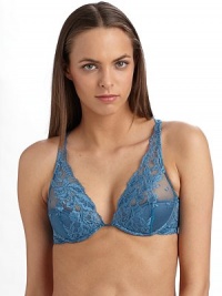 This sophisticated lace design combines a plunging neckline with a contemporary triangular silhouette, finished with a unique cutout back and racerback straps.Lace front with scalloped edges Lightly padded bottom cups with underwire Crossback with slim adjustable straps Keyhole back hook-and-eye closure Back metal logo tag 90% polyamide/10% elastene Hand wash Imported Please note: We recommend ordering one cup size up as this style runs small. 