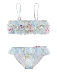 An adorable two-piece is rendered in a sweet floral print accented with allover ruffles. An adorable two-piece is rendered in a sweet floral print accented with allover ruffles.