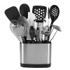 The OXO Good Grips Everyday Tool Set keeps all your kitchen essentials neatly within reach. The slim-lined space-efficient stainless steel caddy stores a flexible turner, 12 tongs, square turner, spoon, slotted spoon, grater, swivel peeler, ice cream scoop, potato masher, can opener, 11 balloon whisk, spatula, meat tenderizer and 4 pizza wheel.