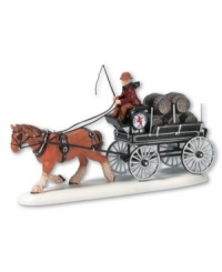 A horse-drawn carriage arrives at Dickens' Village with a wagon full of beer kegs destined for a rollicking good time at England's Red Lion Pub. From Department 56. A horse-drawn carriage arrives at Dickens' Village with a wagon full of beer kegs destined for a rollicking good time at England's Red Lion Pub. From Department 56.