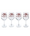 Offering four more reasons to make a toast, Holiday Garden wine glasses from Martha Stewart Collection are all wrapped up in neat red bows with words of seasonal inspiration: Joy, Cheers, Noel and Peace.