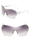 Fendi's shield logo sunglasses are futuristic and fashion-forward in shades of gray, white and pale palladium.