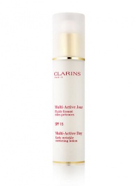 Early correction. Continuous protection. Visible perfection. Multi-Active Day is the newest innovation from Clarins; high performance skin care with new formulas and textures, that goes beyond prevention to visibly correct early signs of aging. Powerful and targeted early wrinkle control. Reinforced and continuous antioxidant defense delivered directly to the skin. Radiance boosting action. Dermal-epidermal junction repair. Dermatologist tested. Non-comedogenic. 1.7 oz. Early correction. Continuous protection. Visible perfection. Multi-Active Day is the newest innovation from Clarins; high performance skin care with new formulas and textures, that goes beyond prevention to visibly correct early signs of aging. Powerful and targeted early wrinkle control. Reinforced and continuous antioxidant defense delivered directly to the skin. Radiance boosting action. Dermal-epidermal junction repair. Dermatologist tested. Non-comedogenic. 1.7 oz.