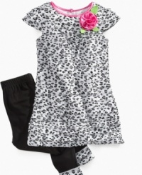 Add a cute splash of color to the wild style of this animal print dress from Sweet Heart Rose, with a pair of leggings with matching animal print cuffs. Add a cute splash of color to the wild style of this animal print dress from Sweet Heart Rose, with a pair of leggings with matching animal print cuffs.