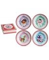 Spark some happy holiday nostalgia with Christmas Cameo dessert plates. Rosanna reunites baby-faced characters from Christmases long ago with vintage patterns and sparkling gold accents. A beautiful gift, with a matching box.