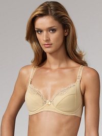 A pretty underwire nursing bra with cups specially constructed for soft comfort and absorbency where you need it most. Easy-cup release allows one-handed operation Power-mesh wings anchor bra in place Cotton/nylon/lycra/spandex; hand wash Imported A pretty underwire nursing bra with cups specially constructed for soft comfort and absorbency where you need it most. Easy-cup release allows one-handed operation Power-mesh wings anchor bra in place Cotton/nylon/lycra/spandex; hand wash Imported
