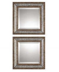 With traditional details like beveled glass, double row of pearl edging in antiqued gold leaf finish and finished with a dark gray wash, the sumptuously framed Norlina mirrors exude a regal, masculine presence ideal as accents to tie a traditional room together. With traditional details like beveled glass, double row of pearl edging in antiqued gold leaf finish and finished with a dark gray wash, the sumptuously framed Norlina mirrors exude a regal, masculine presence ideal as accents to tie a traditional room together.