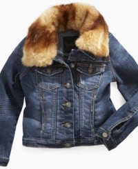 Dainty denim. A faux fur collar on this jacket from Jessica Simpson adds cute detail a classic look. Dainty denim. A faux fur collar on this jacket from Jessica Simpson adds cute detail a classic look.