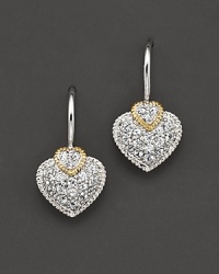 White sapphire pavé heart earrings on wire with 18 Kt. accents. Designed by Judith Ripka.