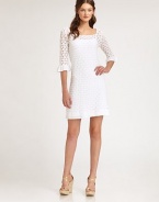 Chic crochet adds a romantic feel to this curve-hugging, combed cotton shift. Square neckThree-quarter sleevesRuffle cuffsAllover crochetFully linedAbout 21 from natural waistCottonHand washImported Model shown is 5'10 (177cm) wearing US size Small. 