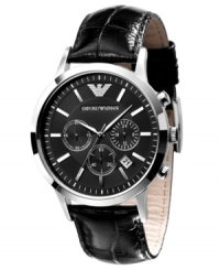 Step up your style with this handsome watch by Emporio Armani. Black croc-embossed leather strap and round stainless steel case. Black dial with silvertone stick indices, logo, date window and three subdials. Quartz movement. Water resistant to 50 meters. Two-year limited warranty. Step up your style with this handsome watch by Emporio Armani. Black croc-embossed leather strap and round stainless steel case. Black dial with silvertone stick indices, logo, date window and three subdials. Quartz movement. Water resistant to 50 meters. Two-year limited warranty.