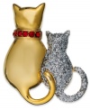 A pair of feline pals add a darling finish. This Charter Club pin adds sass with silvery glitter and red accents. Crafted in gold tone mixed metal. Approximate length: 1-1/2 inches.