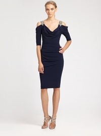 Alluring shoulder cutouts and glamorous beaded straps elevate this draped design.Beaded shoulder strapsCowl necklineShoulder cutoutsElbow-length sleevesConcealed back zipFully linedAbout 27 from natural waist92% polyester/8% spandexDry cleanMade in USA of imported fabricModel shown is 5'10 (177cm) wearing US size 4. Alluring shoulder cutouts and glamorous beaded straps elevate this draped design.Beaded shoulder strapsCowl necklineShoulder cutoutsElbow-length sleevesConcealed back zipFully linedAbout 27 from natural waist92% polyester/8% spandexDry cleanMade in USA of imported fabricModel shown is 5'10 (177cm) wearing US size 4.