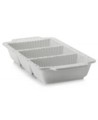 With sections for separating dips, olives and spreads, this neoclassical Italian Countryside server from Mikasa brings the ease of sunny Italy to informal entertaining. Featuring embossed scrolls and fluting in hard dolomite. With sections for separating dips, olives and spreads, this neoclassical Italian Countryside server from Mikasa brings the ease of sunny Italy to informal entertaining. Featuring embossed scrolls and fluting in hard dolomite.