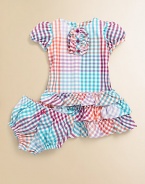 A spectacular frock in a rainbow of colors with a ruffled hem and matching bloomers for a simply sunny ensemble.JewelneckShort puffed sleevesBack zipperDrop-waistTiered ruffled hemCottonMachine washImported