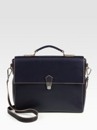 Top-stitching accents this sleek business case, crafted of the finest Italian calfskin.Top handleFlap front latch closureGusseted three compartment interior with zip pocket14W X 10½H X 3DMade in Italy Top-stitching accents this sleek business case, crafted of the finest Italian calfskin.Top handleFlap front latch closureGusseted three compartment interior with zip pocket14W X 10½H X 3DMade in Italy