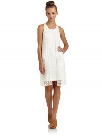 THE LOOKJewelneckSplit-front eyelet overlayFaux leather side bandsBack zipperWaffle-textured underlayTHE FITAbout 34 from shoulder to hemTHE MATERIALShell 1: cottonShell 2: 50% cotton/50% modalShell 3: polyurethaneBacking: viscoseFully linedTrim: rayonCARE & ORIGINDry cleanImportedModel shown is 5'9 (175cm) wearing US size 4. THE LOOKJewelneckSplit-front eyelet overlayFaux leather side bandsBack zipperWaffle-textured underlayTHE FITAbout 34 from shoulder to hemTHE MATERIALShell 1: cottonShell 2: 50% cotton/50% modalShell 3: polyurethaneBacking: viscoseFully linedTrim: rayonCARE & ORIGINDry cleanImportedModel shown is 5'9 (175cm) wearing US size 4.