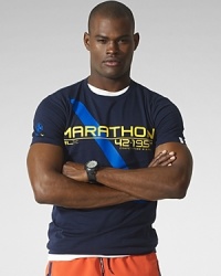A short-sleeved crewneck T-shirt is crafted from lightweight cotton jersey with a race-inspired graphic print to bring out your competitive side. A short-sleeved crewneck T-shirt is crafted from lightweight cotton jersey with a race-inspired graphic print to bring out your competitive side.