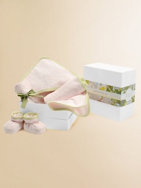 A set that's sure to delight a new mom in pure, organic terry packaged in a reusable gift box. Set includes baby hooded towel, multi-use cloth, baby washcloth and a pair of booties. Towel, 30 square Multi-use cloth, 16 X 30 Washcloth, 9 square Booties, 0-6 months Organic cotton terry velour with cotton knit binding; machine wash Imported A set that's sure to delight a new mom in pure, organic terry packaged in a reusable gift box. Set includes baby hooded towel, multi-use cloth, baby washcloth and a pair of booties. Towel, 30 square Multi-use cloth, 16 X 30 Washcloth, 9 square Booties, 0-6 months Organic cotton terry velour with cotton knit binding; machine wash Imported