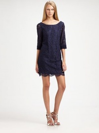 Romantic floral lace defines this form-fitting sheath for an alluring look. BoatneckSheer three-quarter sleevesFlat frontScalloped edgesBack zip closureLined bodyAbout 20 from natural waist60% cotton/23% rayon/17% nylonDry cleanMade in USAModel shown is 5'10 (177cm) wearing US size 4. Romantic floral lace defines this form-fitting sheath for an alluring look. BoatneckSheer three-quarter sleevesFlat frontScalloped edgesBack zip closureLined bodyAbout 20 from natural waist60% cotton/23% rayon/17% nylonDry cleanMade in USAModel shown is 5'10 (177cm) wearing US size 4.