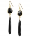 Bold and daring, these dynamic earrings add a pop of jet black color to your look. Earrings are crafted in 18k gold over sterling silver with faceted and teardrop-shaped onyx stones (24-1/2 ct. t.w.). Approximate drop: 2-1/4 inches.