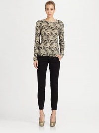 Softly knit jersey, patterned with an embroidered-look lace print.Jewel necklineLong sleeves60% viscose/40% woolDry cleanMade in Italy of imported fabricModel shown is 5'9½ (176cm) wearing US size 4. Softly knit jersey, patterned with an embroidered-look lace print.Jewel necklineLong sleeves60% viscose/40% woolDry cleanMade in Italy of imported fabricModel shown is 5'9½ (176cm) wearing US size 4.