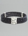 Sterling silver and three-row black leather woven bracelet. Spring clasp 8½ long Imported