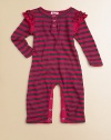 Stripes are sweet and ruffles are sweeter in this waffle-textured coverall to keep your little girl cozy.Henley necklineButton placketLong sleeves with ruffles at the shouldersSnap legsPolyester/cotton/micromodalMachine washImported Please note: Number of buttons may vary depending on size ordered. 