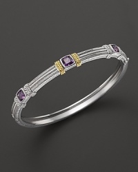 Detailed in 18K yellow gold, Judith Ripka's sterling silver and purple crystal bangle lends a timelessly luxe look. Detailed in 18K yellow gold, Judith Ripka's sterling silver and purple crystal bangle lends a timelessly luxe look.