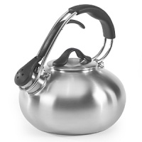 With a sweeping handle that arcs high above its body, this tea kettle is certainly in the loop on what looks great. But it's also well aware of the best ways to boil water. The proof is in the bell-shaped design that helps induce heat for faster boiling and the flat aluminum sandwich bottom that can be used on almost any stovetop. The extra-large lid opens for easy filling and cleaning. With a sweeping handle that arcs high above its body, this tea kettle is certainly in the loop on what looks great. But it's also well aware of the best ways to boil water. The proof is in the bell-shaped design that helps induce heat for faster boiling and the flat aluminum sandwich bottom that can be used on almost any stovetop. The extra-large lid opens for easy filling and cleaning.
