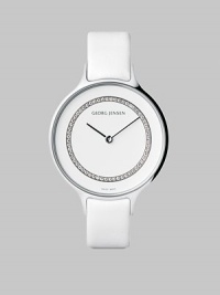 From the Concave Collection. A circle of 60 sparkling diamonds lends luxury to this clean, elegant timepiece of stainless steel.Diamonds, 0.15 tcw Quartz movement Water-resistant to 3 ATM Stainless steel case, 30mm (1.18) White dial White calfskin strap Made in Switzerland From the Concave Collection. A circle of 60 sparkling diamonds lends luxury to this clean, elegant timepiece of stainless steel.Diamonds, 0.15 tcw Quartz movement Water-resistant to 3 ATM Stainless steel case, 30mm (1.18) White dial White calfskin strap Made in Switzerland