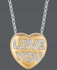 Add a little romance. Sweethearts' adorable heart pendant features the sweet words, LOVE YOU in round-cut diamond (1/6 ct. t.w.). Set in 14k gold over sterling silver and sterling silver. Copyright © 2011 New England Confectionery Company. Approximate length: 16 inches + 2-inch extender. Approximate drop: 5/8 inch. Add a little romance. Sweethearts' adorable heart pendant features the sweet words, LOVE YOU in round-cut diamond (1/6 ct. t.w.). Set in 14k gold over sterling silver and sterling silver. Copyright © 2011 New England Confectionery Company. Approximate length: 16 inches + 2-inch extender. Approximate drop: 5/8 inch.