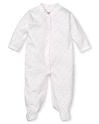 A pink polka dot footie with a snap front and contrast scalloped edge trim. A pink polka dot footie with a snap front and contrast scalloped edge trim.