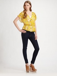 This cheery floral top offers a figure-flattering fit with cinched waist and feminine butterfly sleeves. Cross-over v-neckDropped shouldersShort butterfly sleevesDrop elasticized waistRuffle hemSilkDry cleanImportedModel shown is 5'10 (177cm) wearing US size Small. This cheery floral top offers a figure-flattering fit with cinched waist and feminine butterfly sleeves. Cross-over v-neckDropped shouldersShort butterfly sleevesDrop elasticized waistRuffle hemSilkDry cleanImportedModel shown is 5'10 (177cm) wearing US size Small.