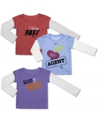 She'll look like a winner in one of these cute and cozy long-sleeve slider tees from Nike. She'll look like a winner in one of these cute and cozy long-sleeve slider tees from Nike.