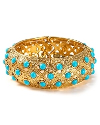 Add eclectic sparkle to your look with this chunky, gold-plated cuff from RJ Graziano, accented by boldly colored beads. It's contrast of tone and texture instantly energizes your wrist. Add eclectic sparkle to your look with this chunky, gold-plated cuff from RJ Graziano, accented by boldly colored beads. It's contrast of tone and texture instantly energizes your wrist.
